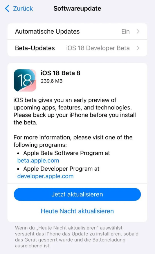 伊宁县苹果手机维修分享苹果 iOS / iPadOS 18 开发者预览版 Beta 8 发布 